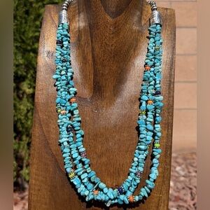 Sterling Silver Multi Strand Stone Blue Turquoise Bead Necklace. 24 inch